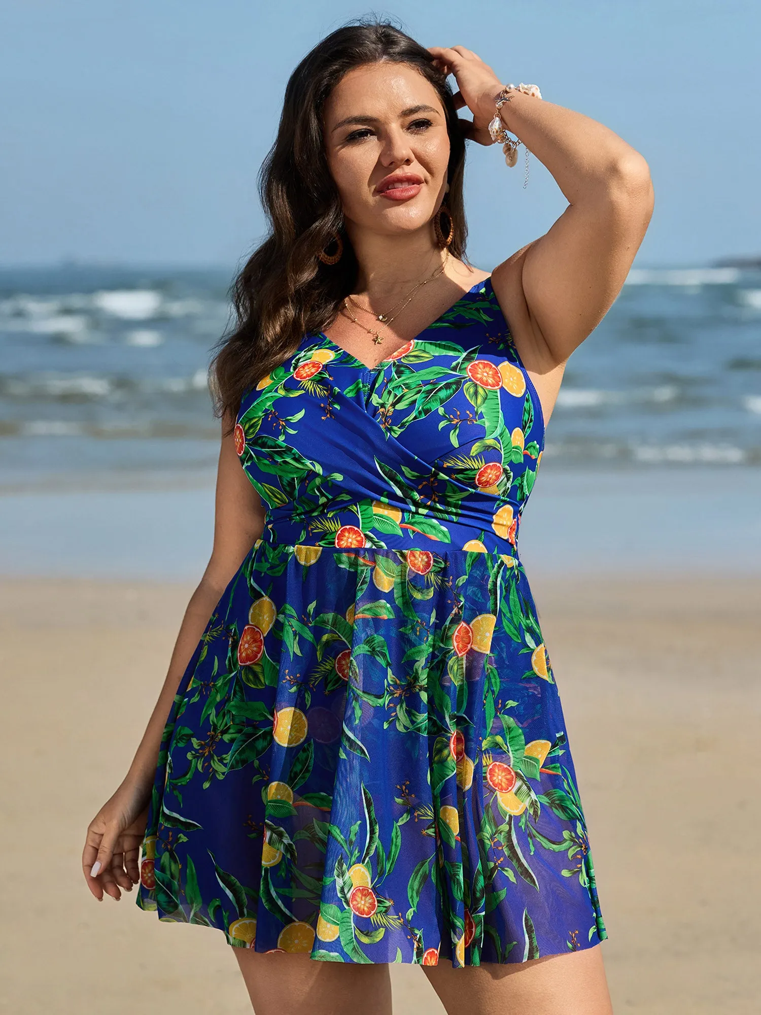 Tropical Fruit Print Twist Mesh Swim Dress sold by Bloomchic
