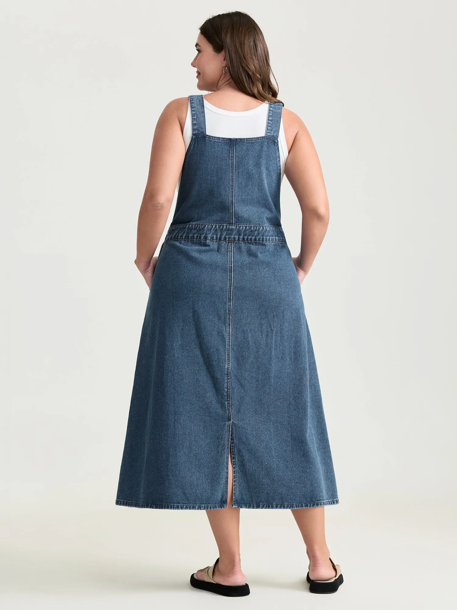 Cotton Adjustable Back Slit Overall Midi Denim Dress sold by Bloomchic product image thumbnail 4
