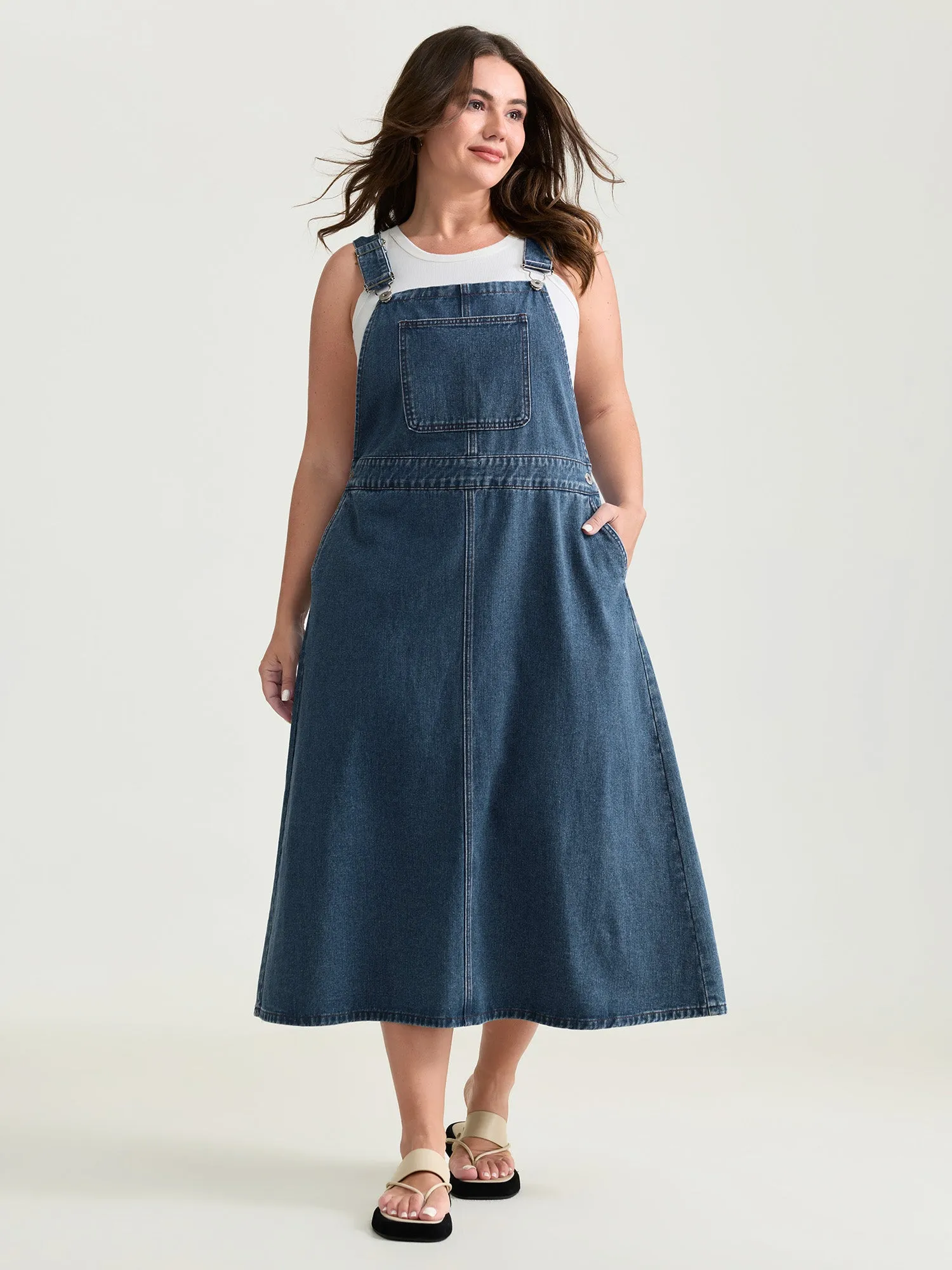 Cotton Adjustable Back Slit Overall Midi Denim Dress sold by Bloomchic
