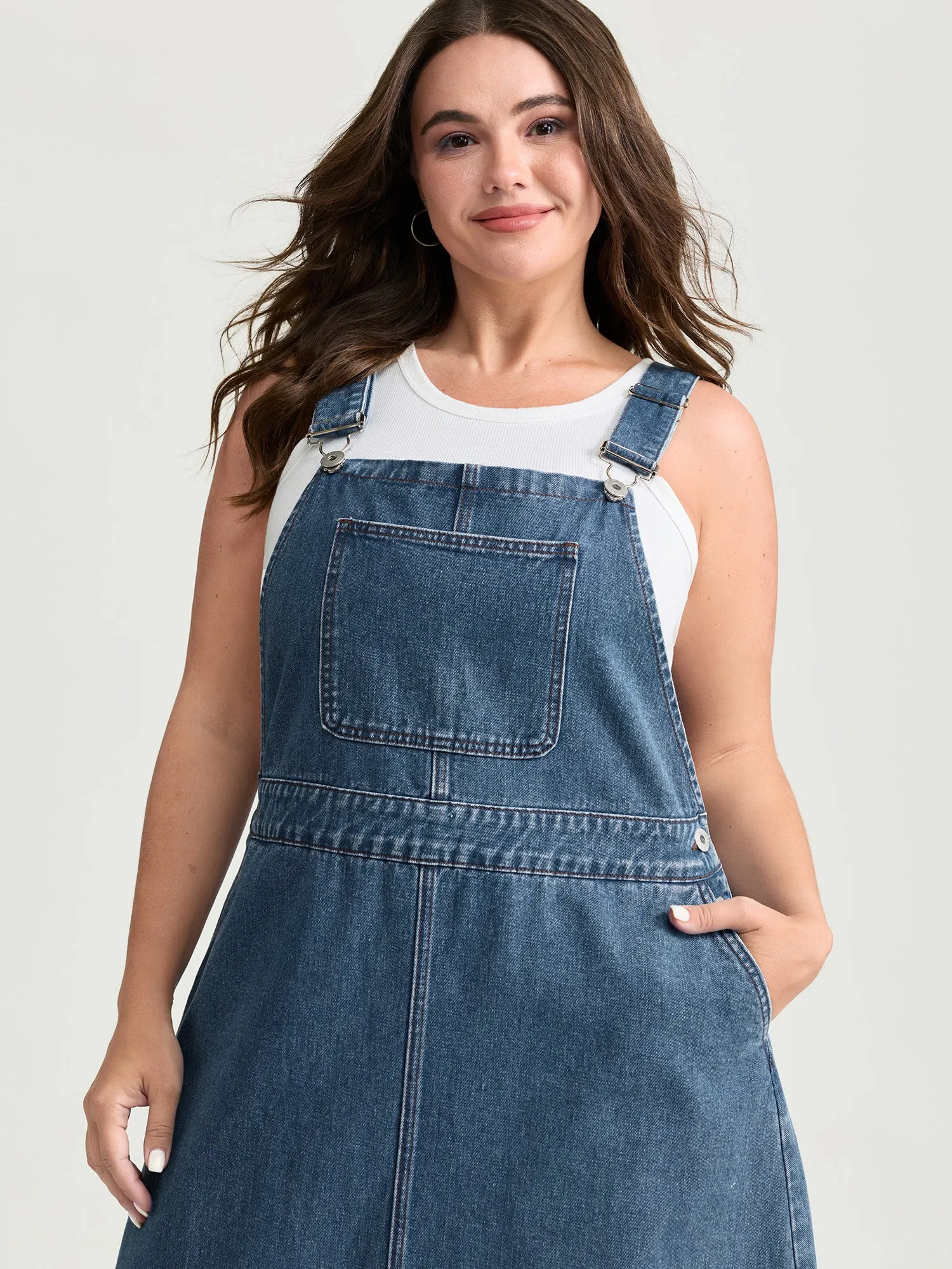 Cotton Adjustable Back Slit Overall Midi Denim Dress sold by Bloomchic product image thumbnail 2