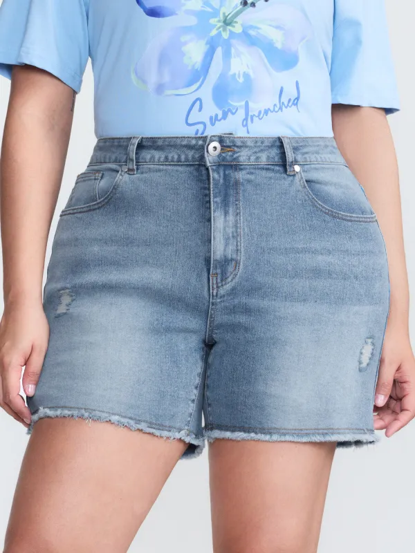 Faded Mid-Rise Stretchy Denim Shorts made by Bloomchic
