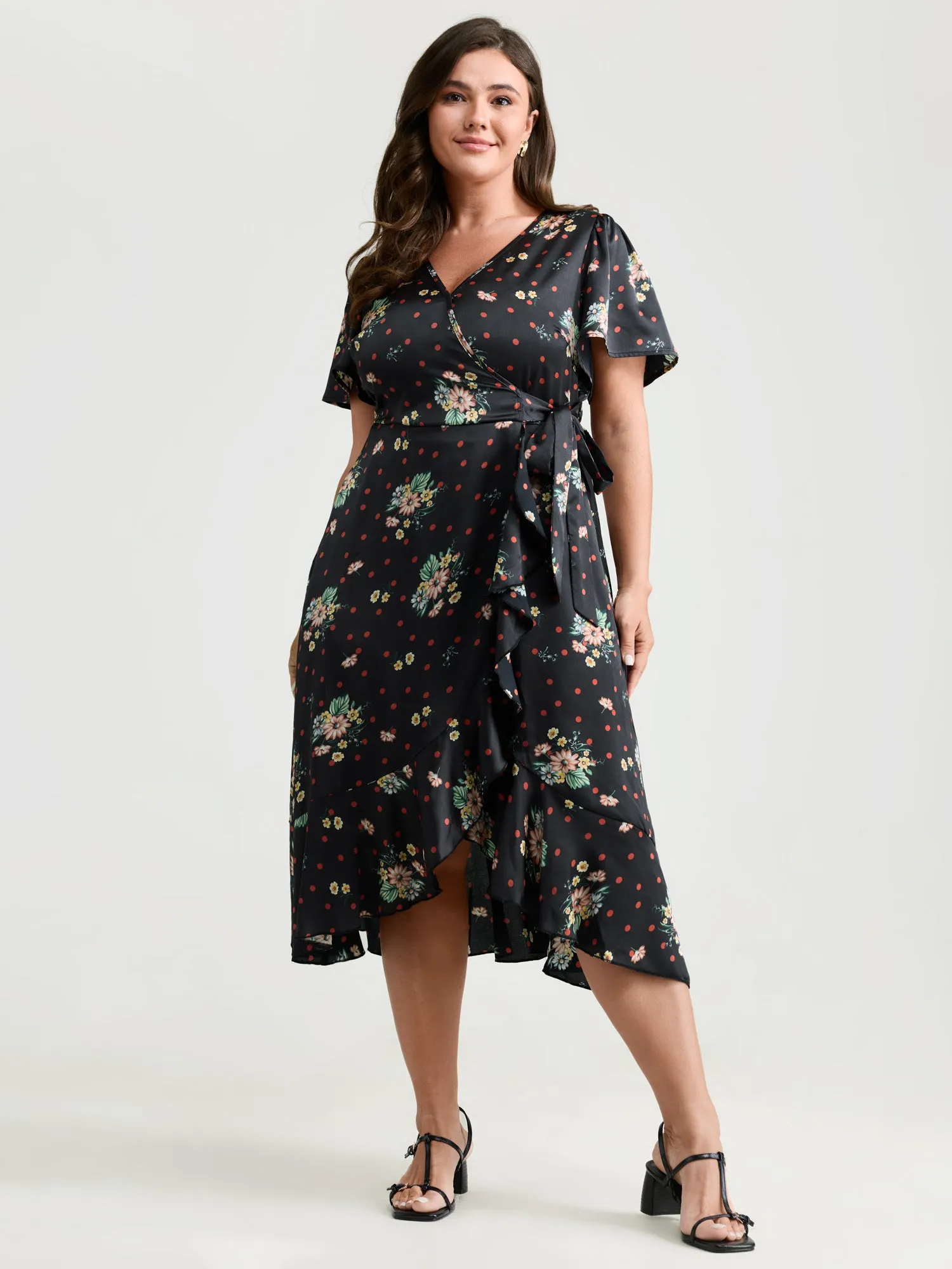 Polka Dot Floral Print Wrap Front Midi Dress sold by Bloomchic product image thumbnail 3