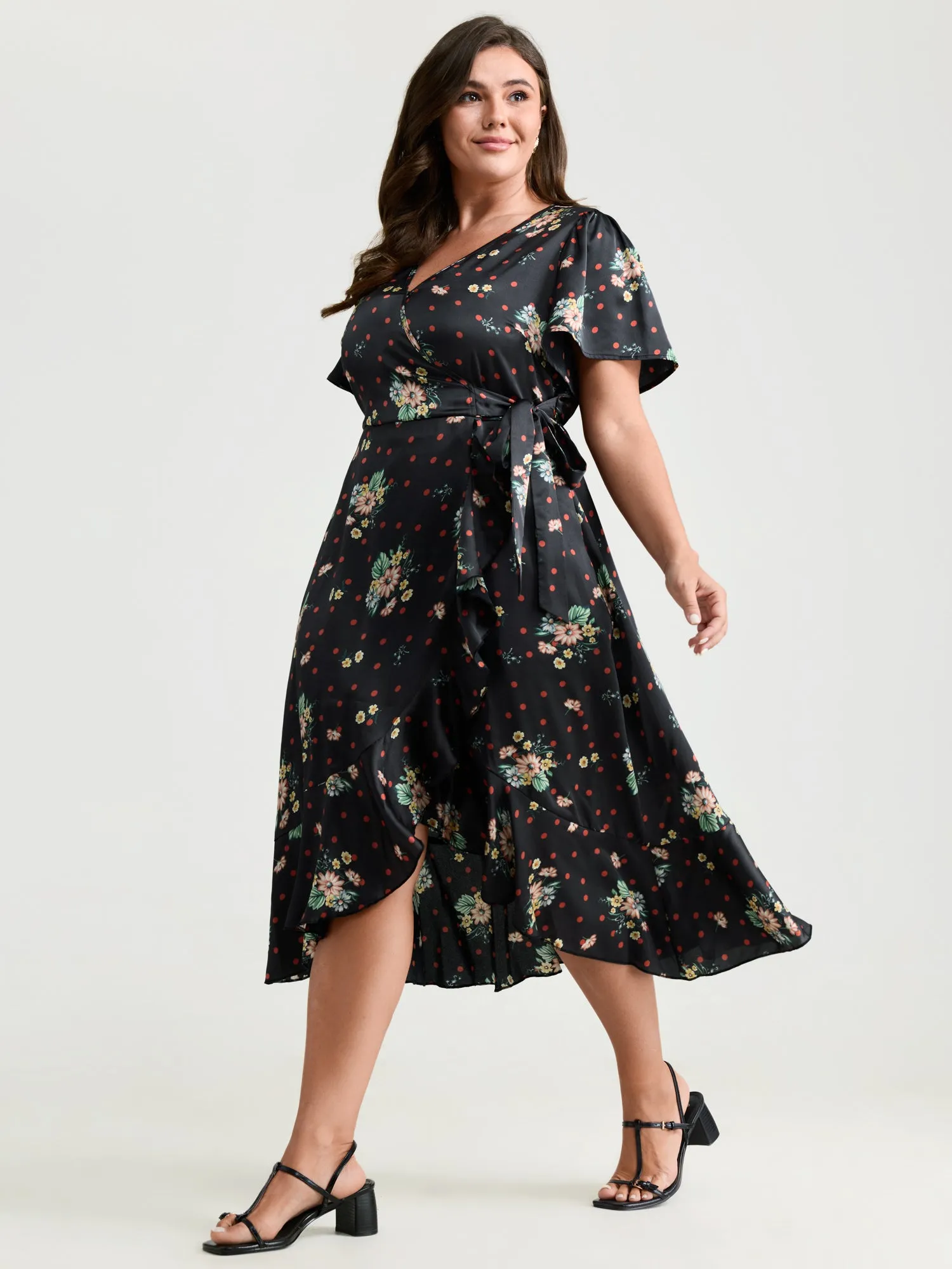 Polka Dot Floral Print Wrap Front Midi Dress sold by Bloomchic