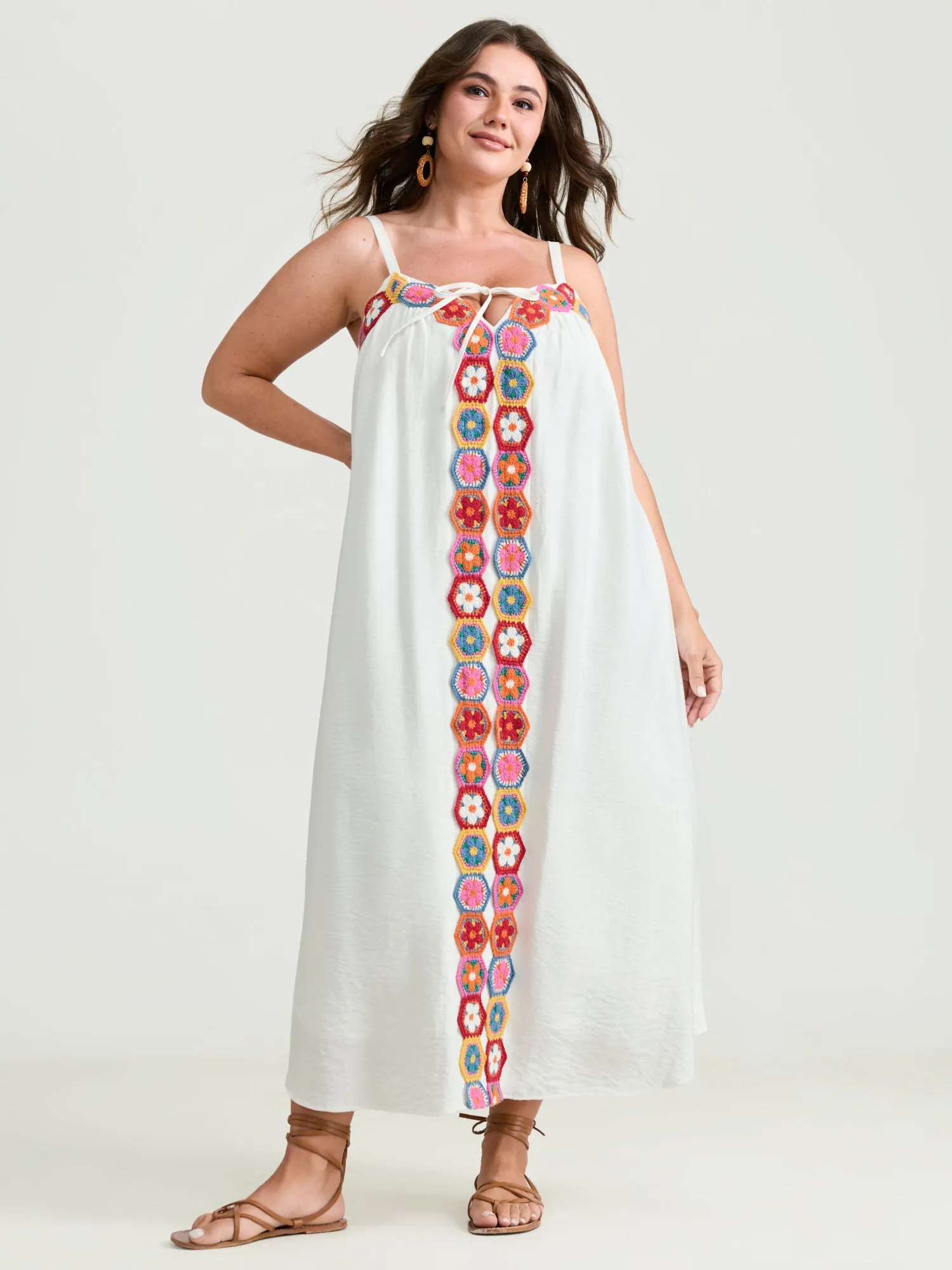Colorful Floral Crochet Front Cami Midi Dress sold by Bloomchic