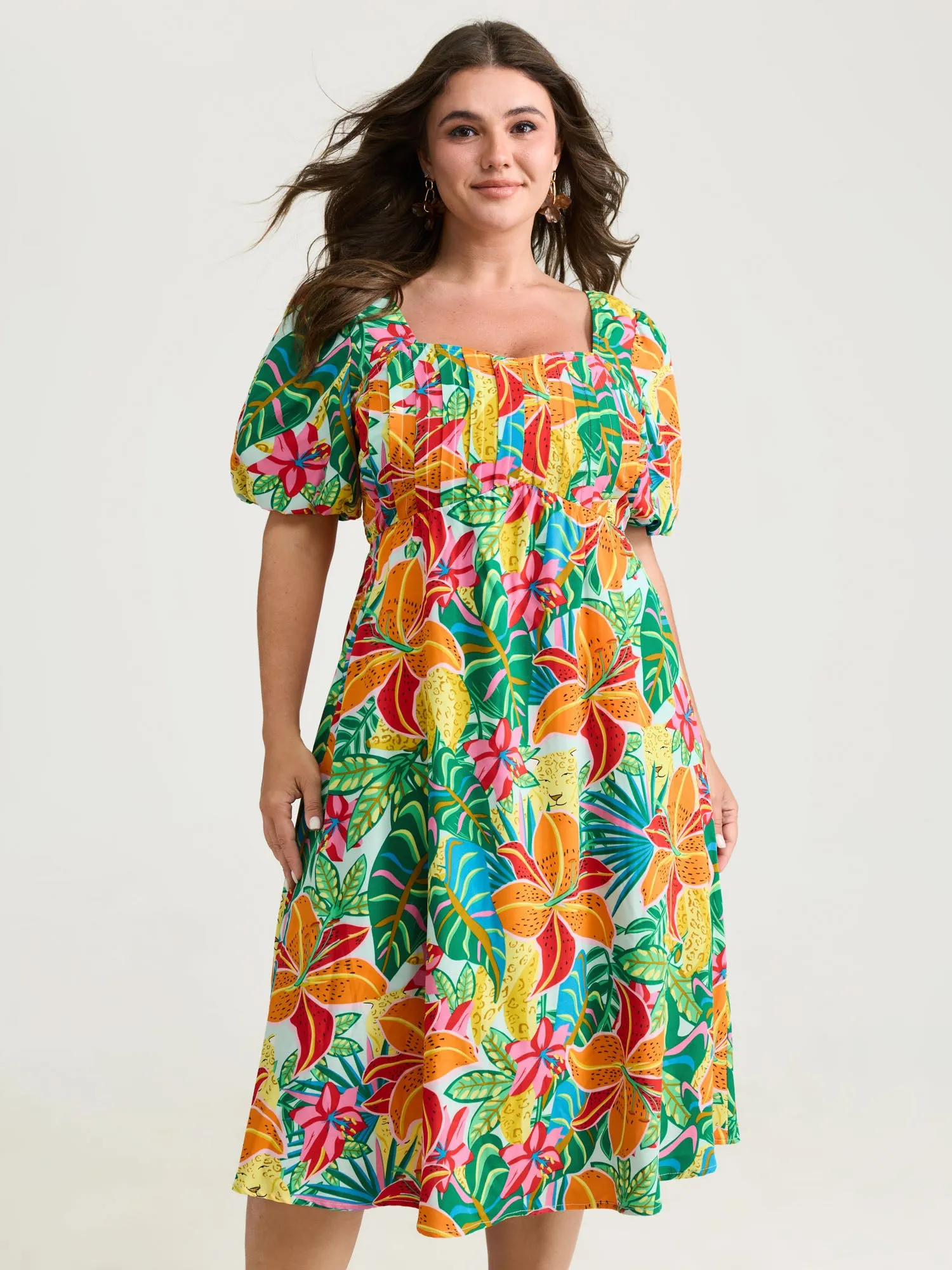 Bright Floral Print Pleated Bodice Midi Dress sold by Bloomchic