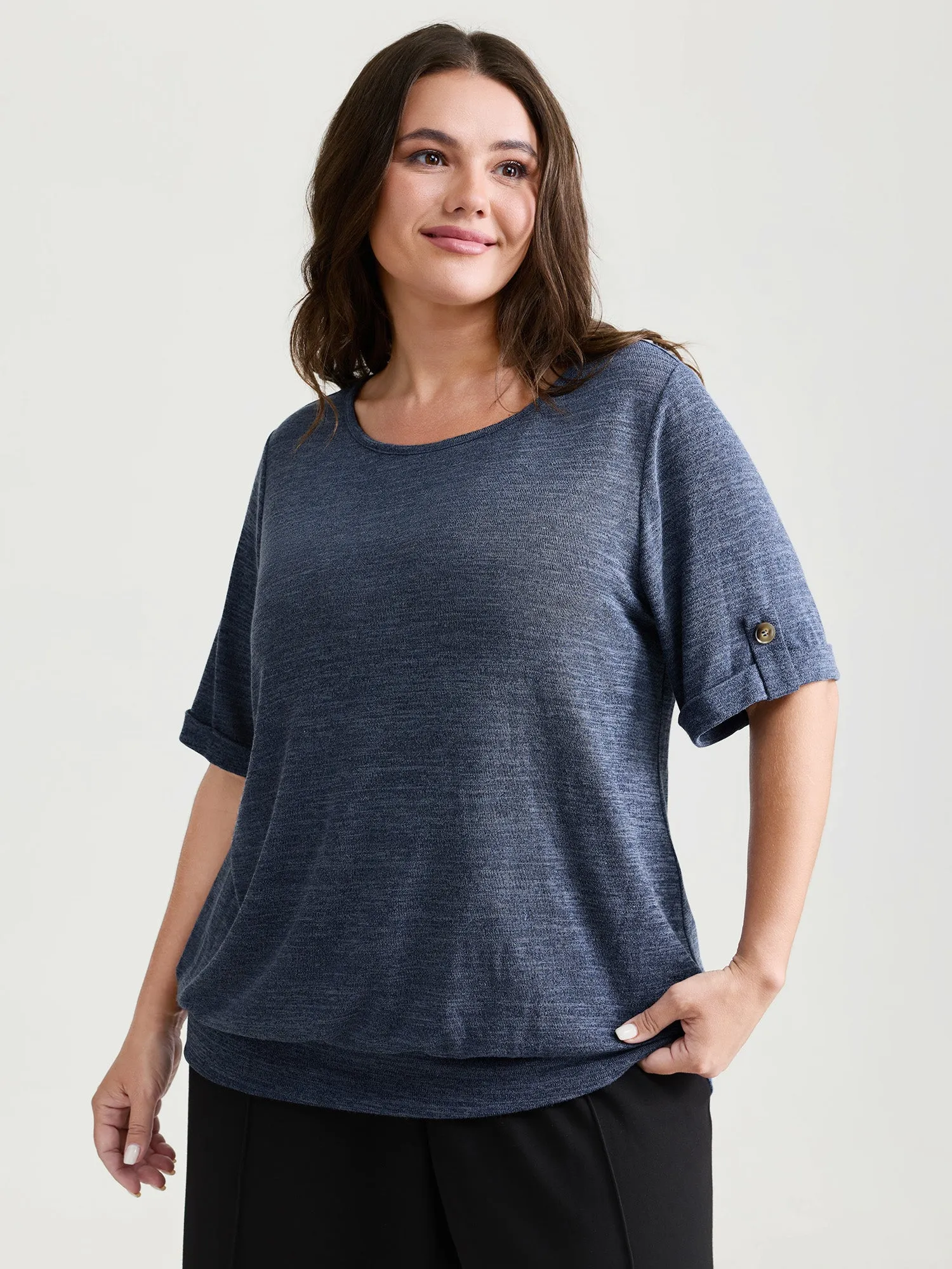 Stretchy Plain Folded Cuff Sleeve T-Shirt sold by Bloomchic