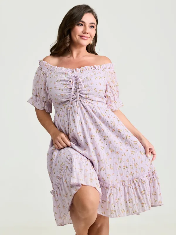 Off-Shoulder Romantic Ruffles Floral Mini Dress made by Bloomchic