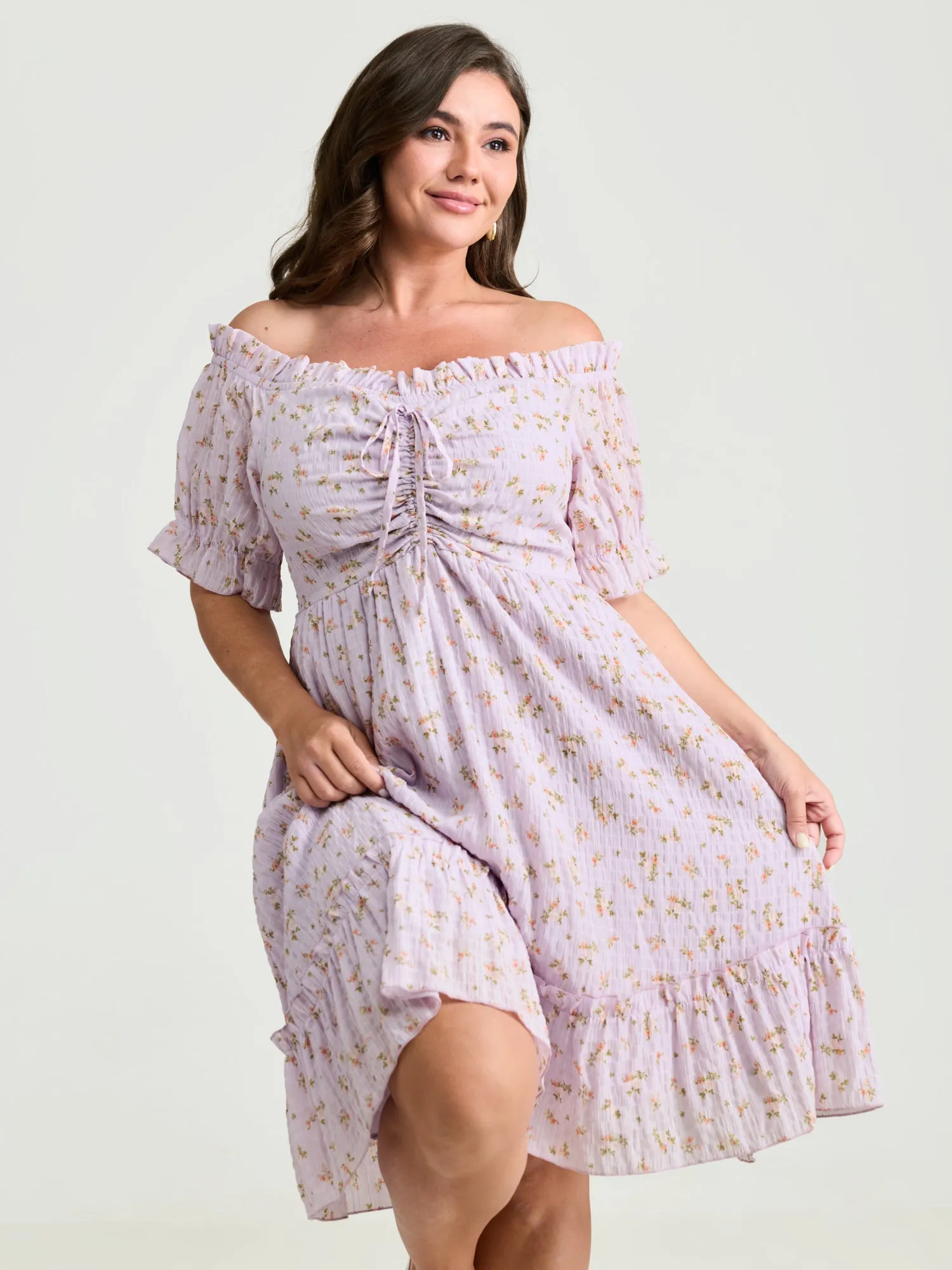 Off-Shoulder Romantic Ruffles Floral Mini Dress sold by Bloomchic