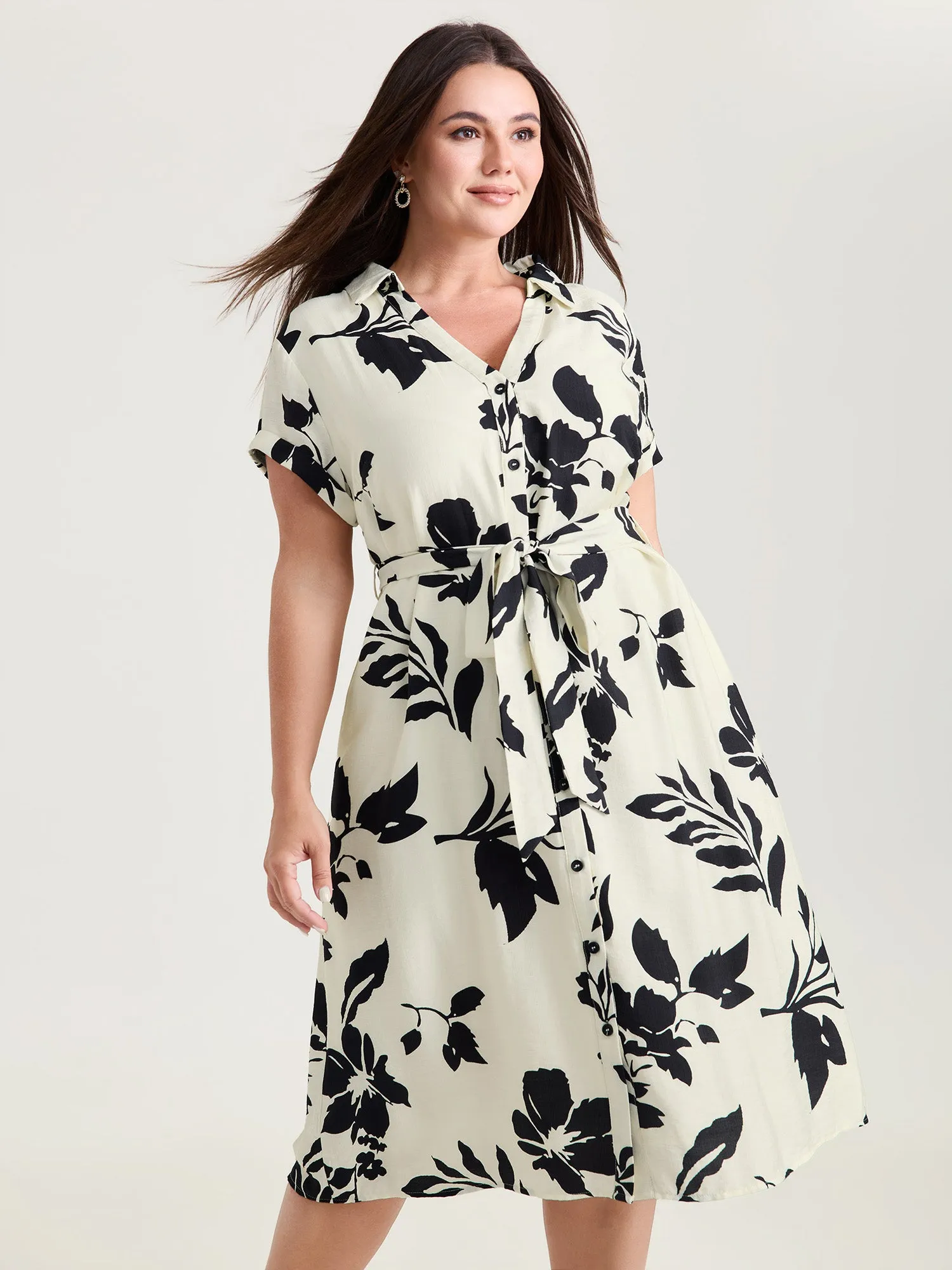 Monochrome Floral Print Collared Midi Dress sold by Bloomchic