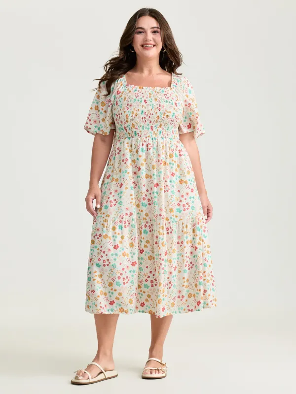 Sweet Floral Print Shirred Square Neckline Midi Dress made by Bloomchic