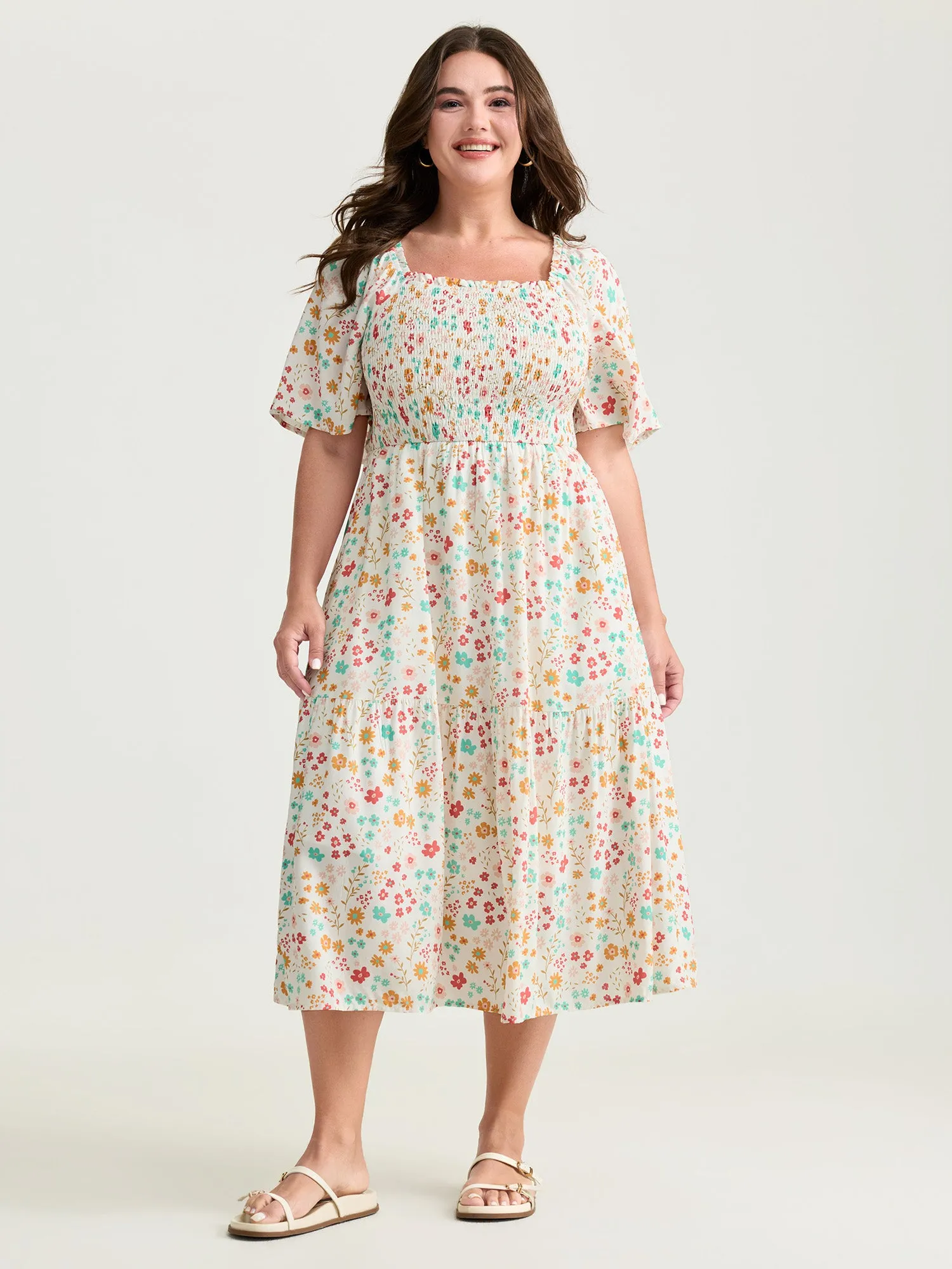 Sweet Floral Print Shirred Square Neckline Midi Dress sold by Bloomchic