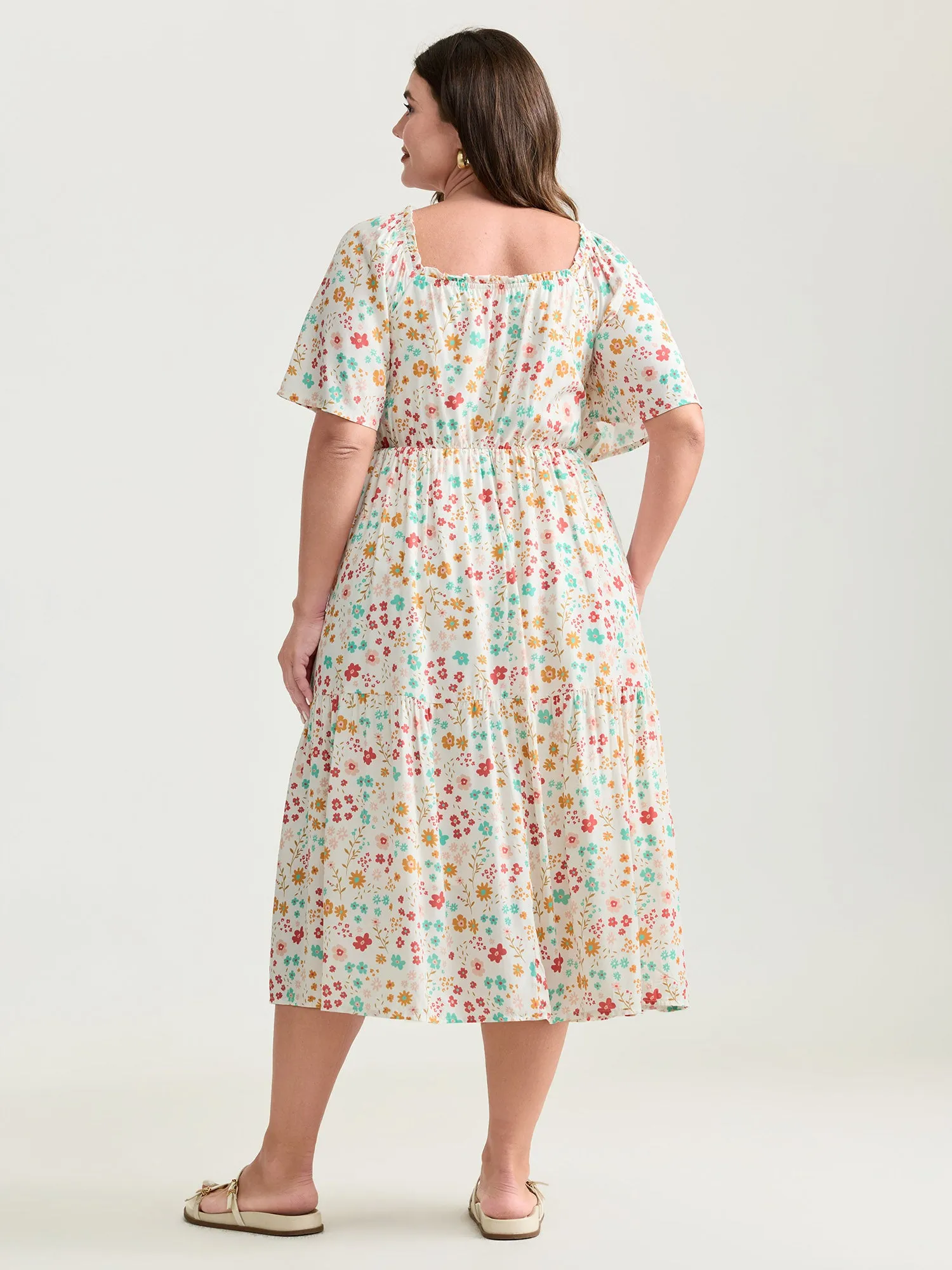 Sweet Floral Print Shirred Square Neckline Midi Dress sold by Bloomchic product image thumbnail 4