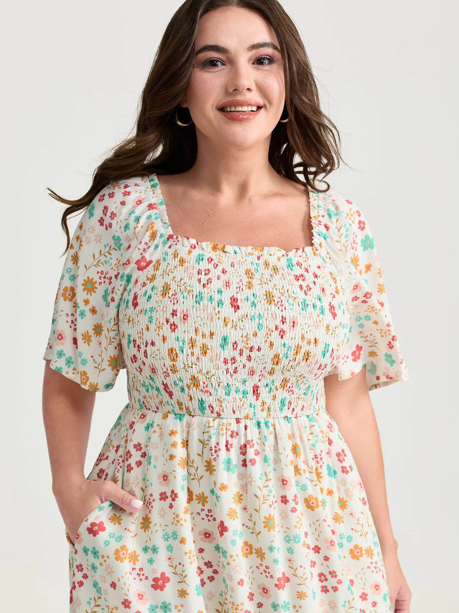 Sweet Floral Print Shirred Square Neckline Midi Dress sold by Bloomchic product image thumbnail 3