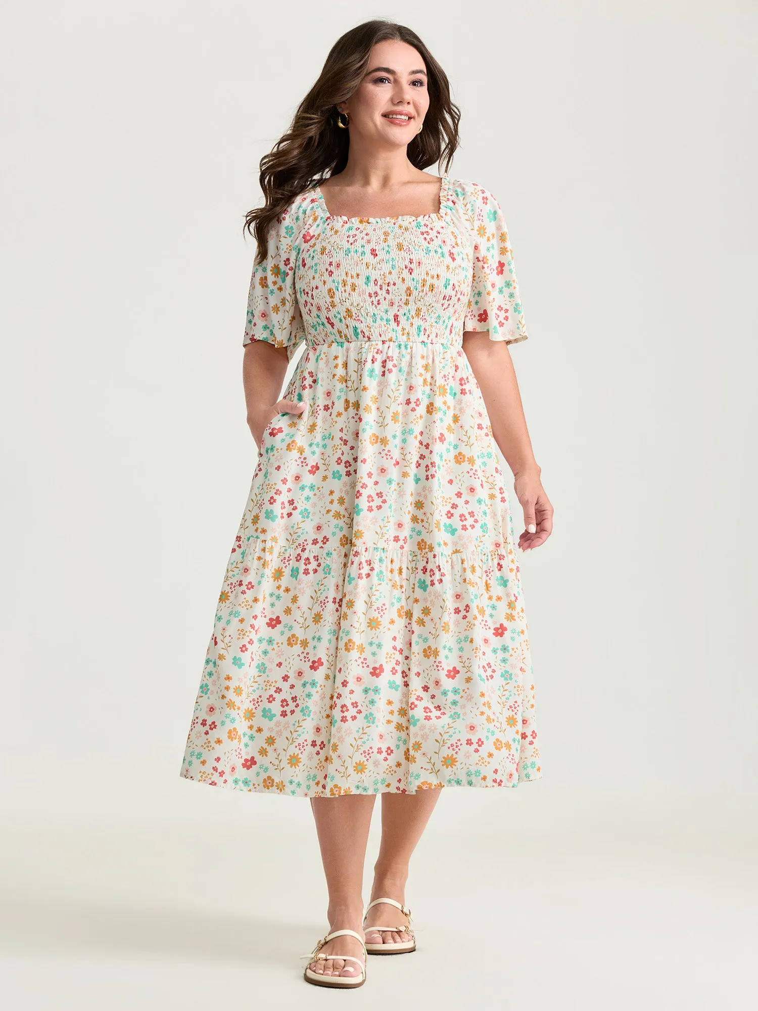 Sweet Floral Print Shirred Square Neckline Midi Dress sold by Bloomchic product image thumbnail 2