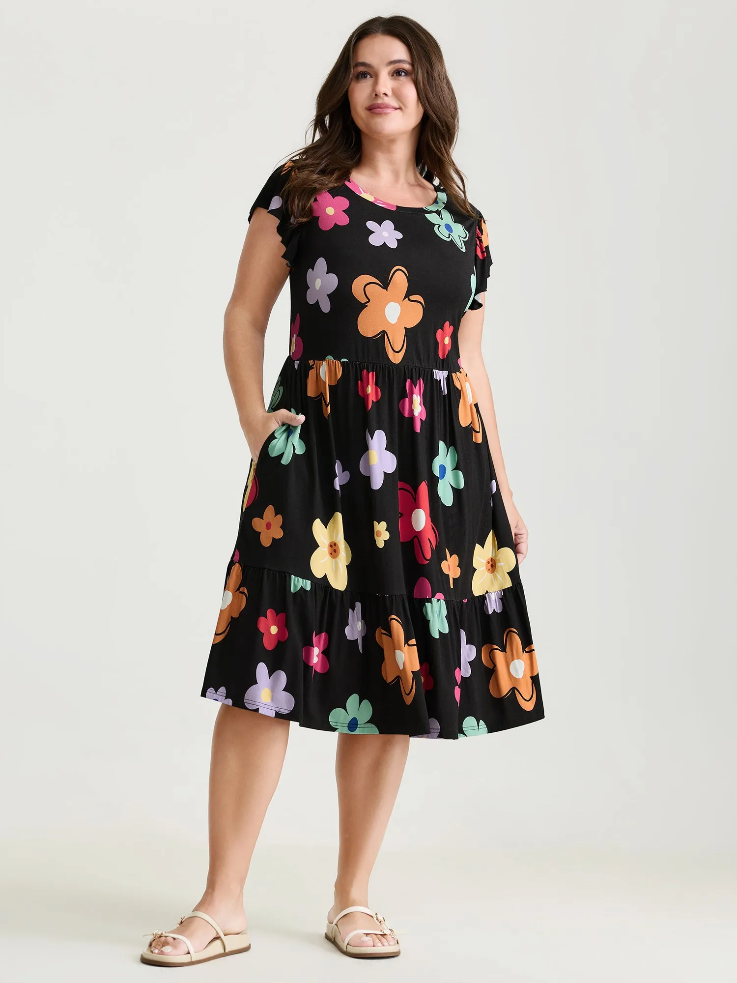 Bright Floral Print Flutter Sleeve Midi Dress sold by Bloomchic product image thumbnail 3