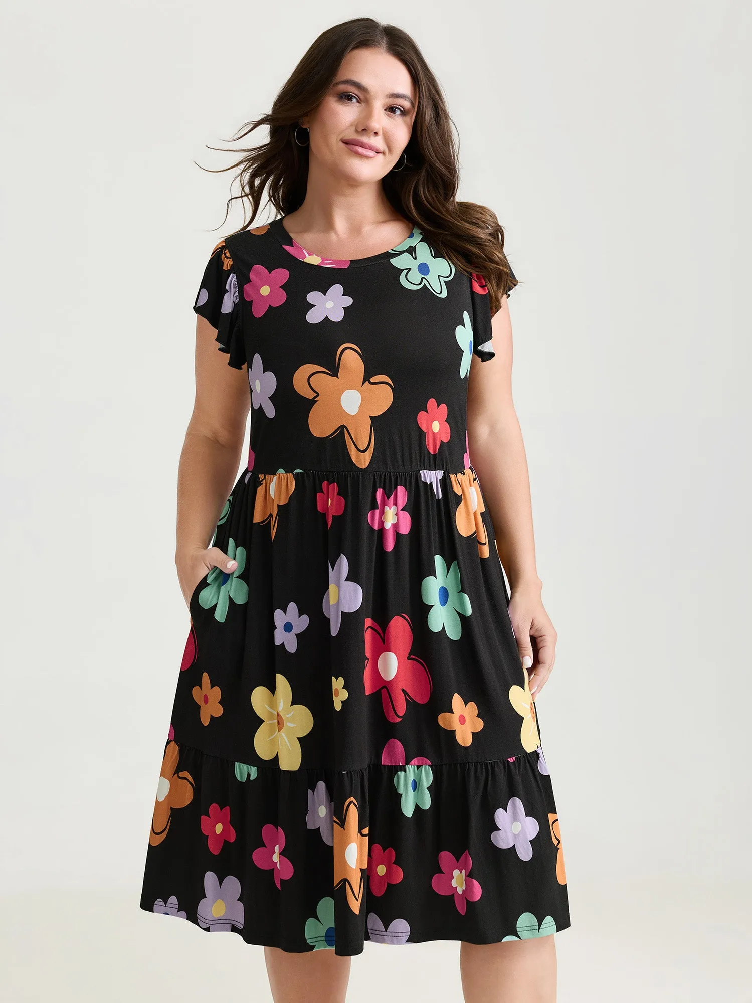 Bright Floral Print Flutter Sleeve Midi Dress sold by Bloomchic