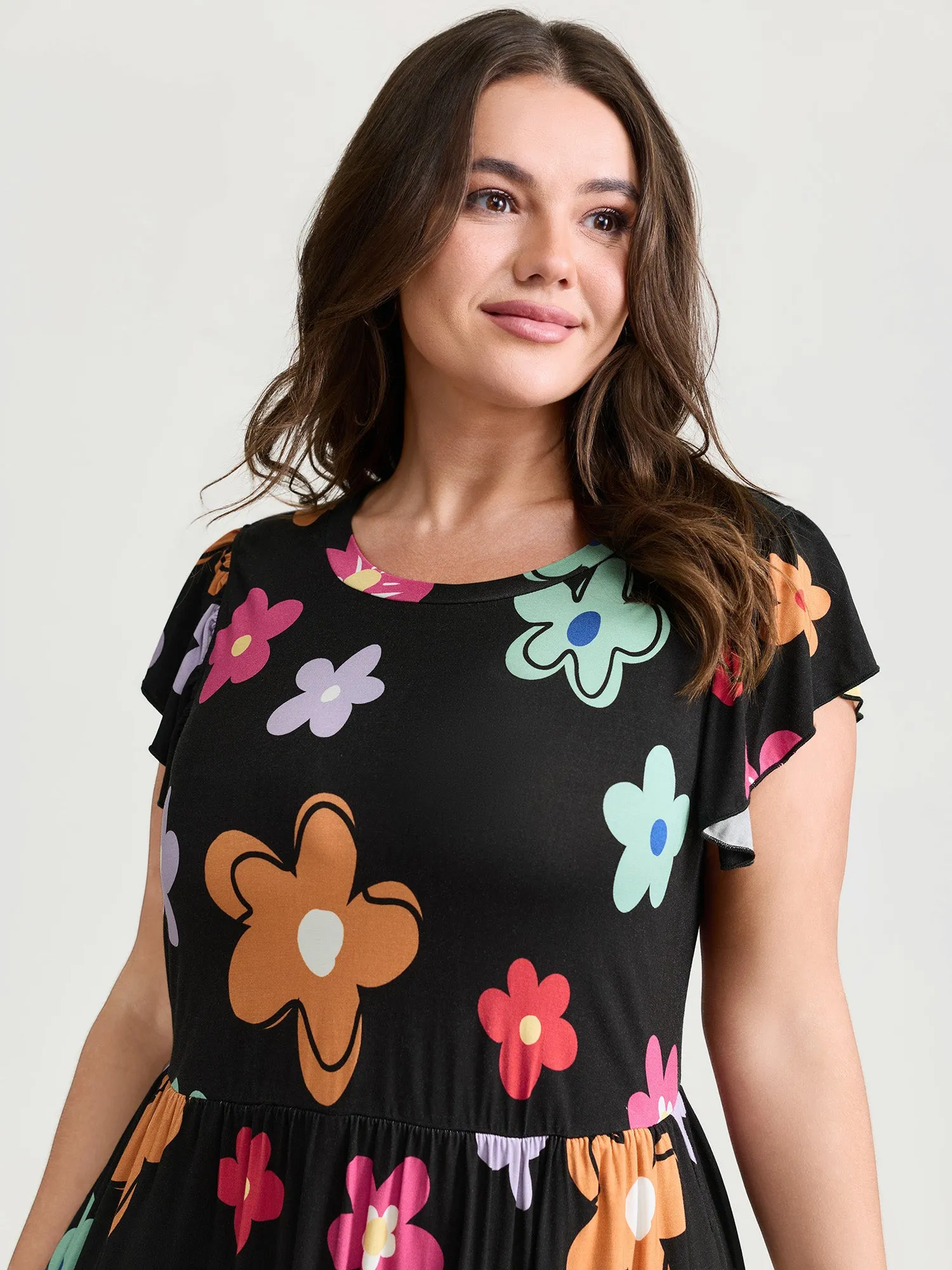 Bright Floral Print Flutter Sleeve Midi Dress sold by Bloomchic product image thumbnail 2