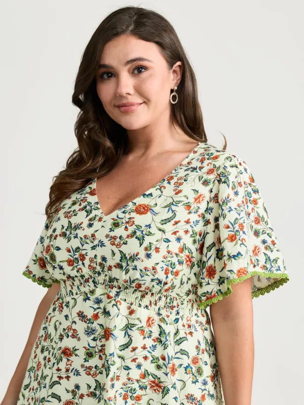 Dense Floral Print Bustier Shirred Waist Blouse made by Bloomchic