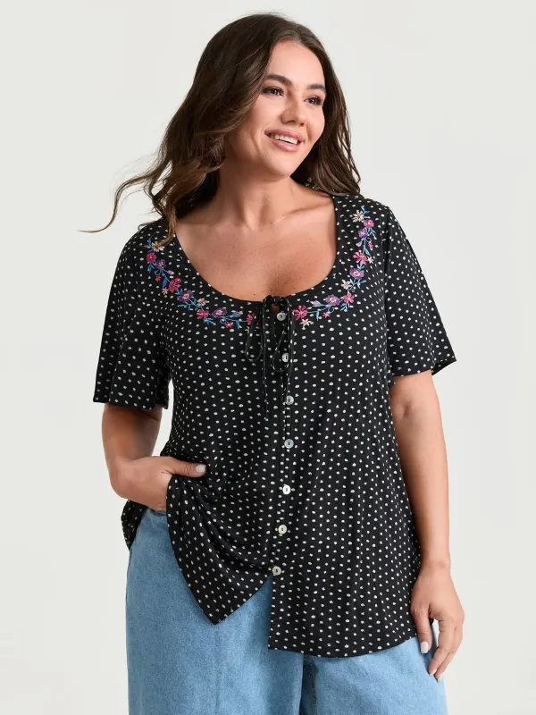 Colorful Floral Embroidered Neckline Polka Dot Top made by Bloomchic