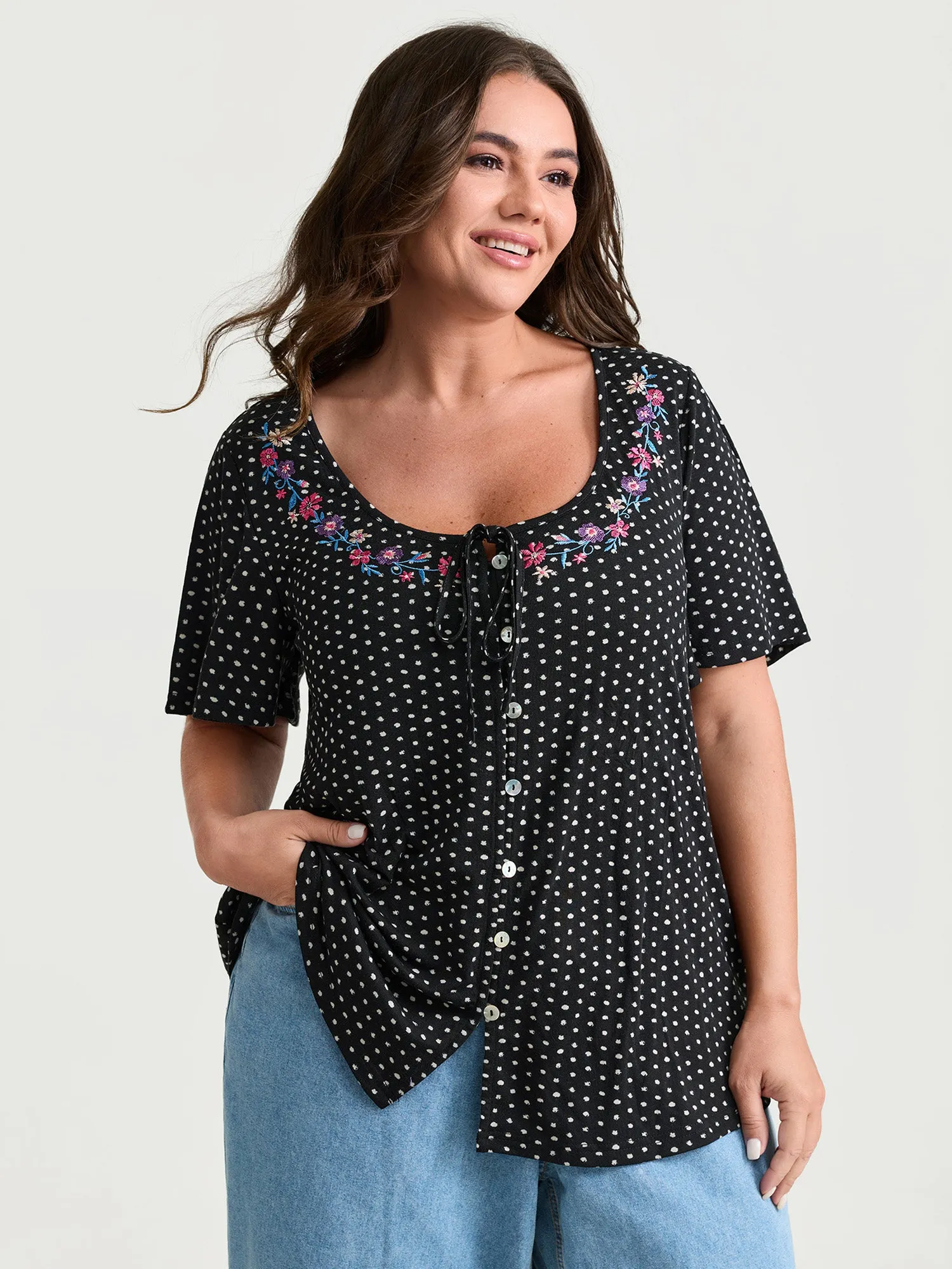 Colorful Floral Embroidered Neckline Polka Dot Top sold by Bloomchic
