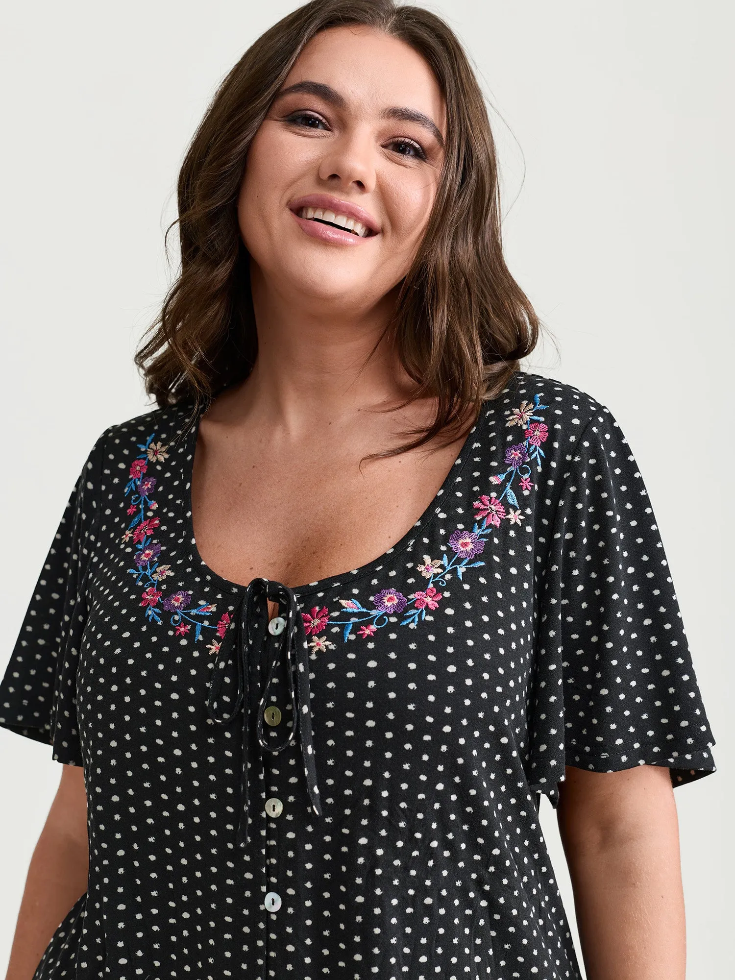 Colorful Floral Embroidered Neckline Polka Dot Top sold by Bloomchic product image thumbnail 2
