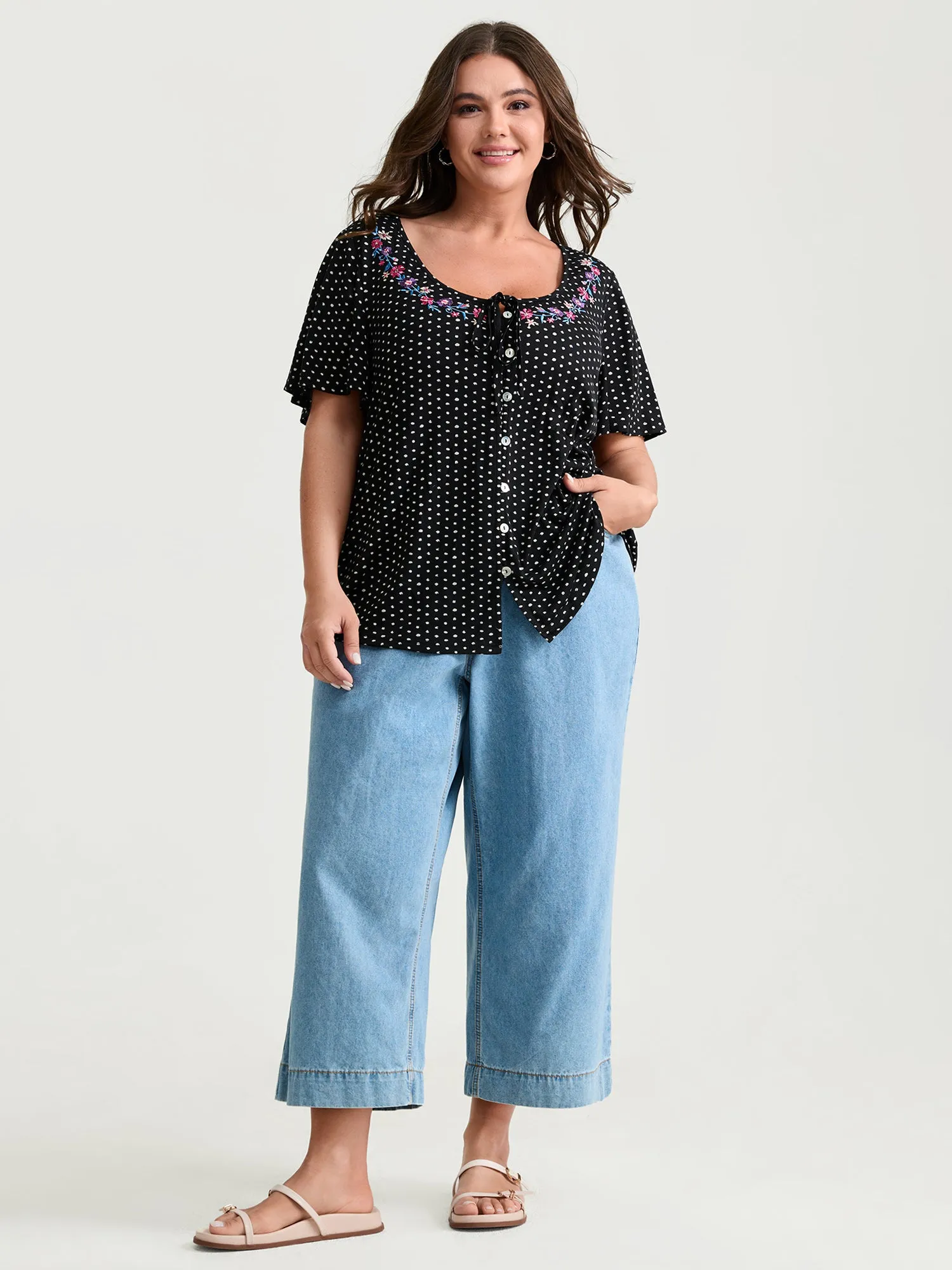 Colorful Floral Embroidered Neckline Polka Dot Top sold by Bloomchic product image thumbnail 3