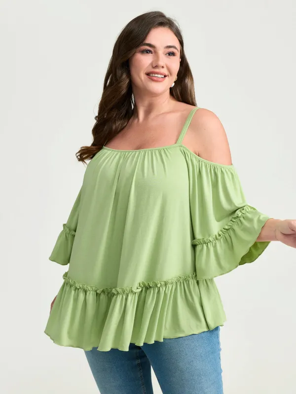 Ruffled Cut-Out Shoulder Flared Sleeve Top made by Bloomchic