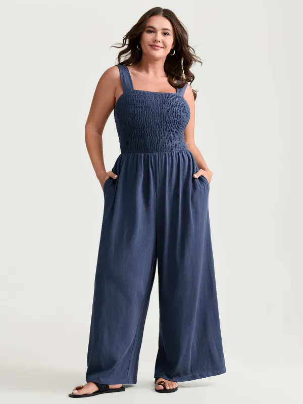 Shirred A-Line Wide Strap Jumpsuit made by Bloomchic