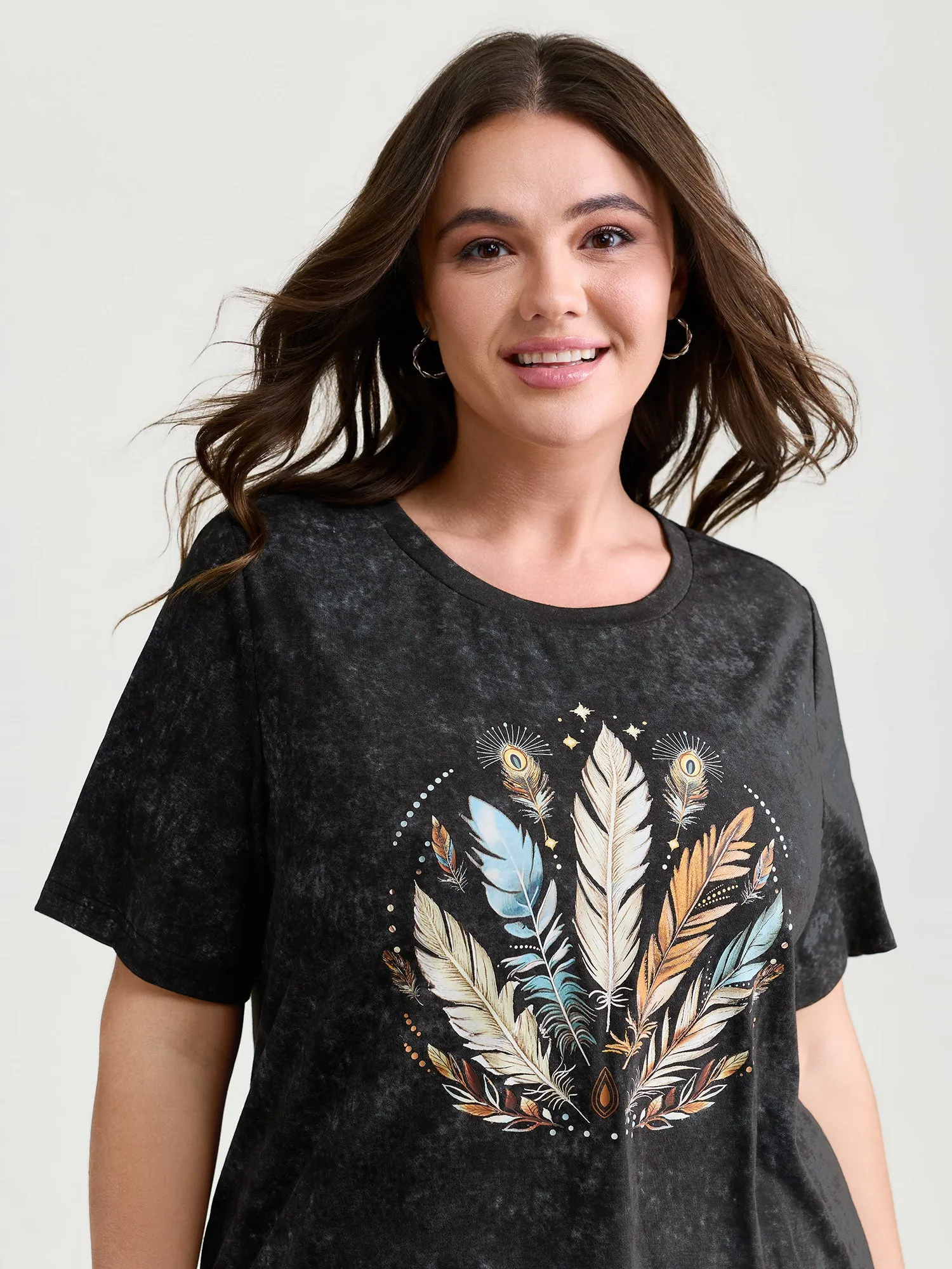 Supersoft Stretchy Feather Print Snowflake Effect T-Shirt sold by Bloomchic product image thumbnail 2
