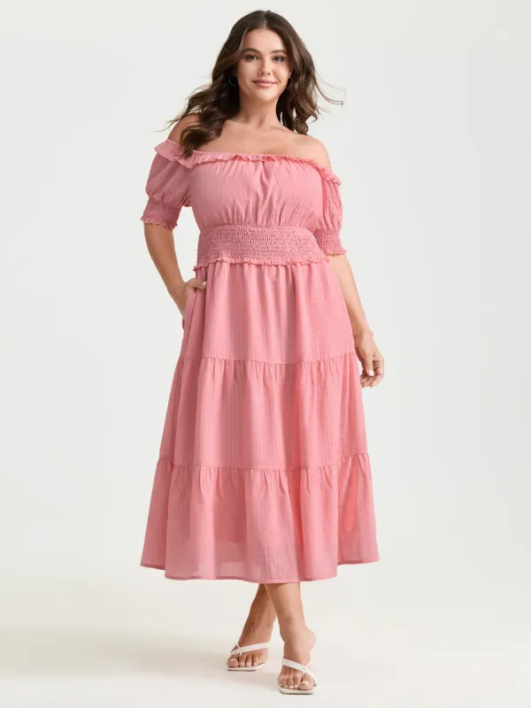 Shirred Waist Off-Shoulder Tiered Maxi Dress made by Bloomchic