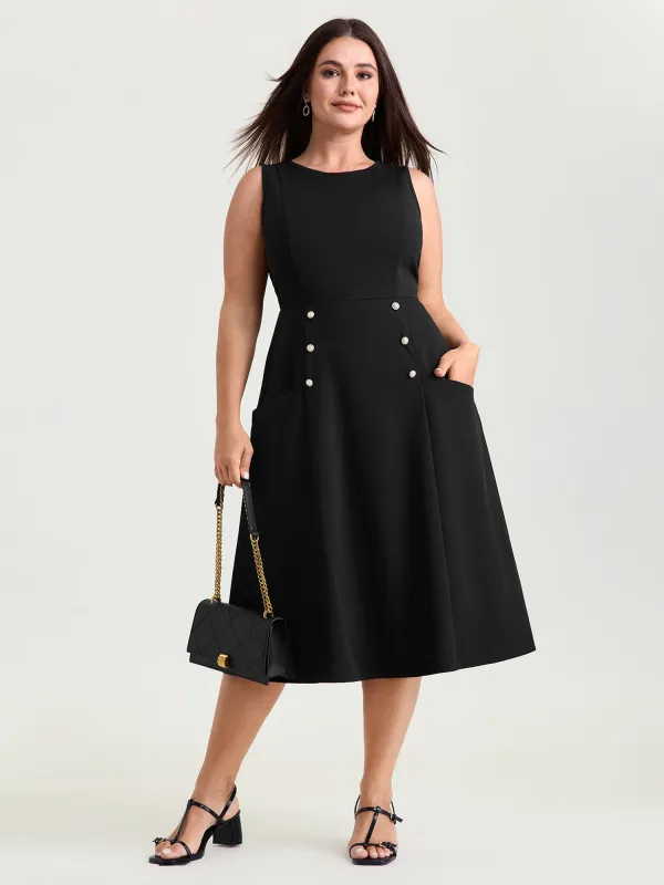 Stretchy Button Detail Fit And Flare Midi Dress made by Bloomchic