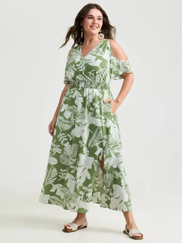 Tropical Floral Print Cut-Out Shoulder Maxi Dress made by Bloomchic