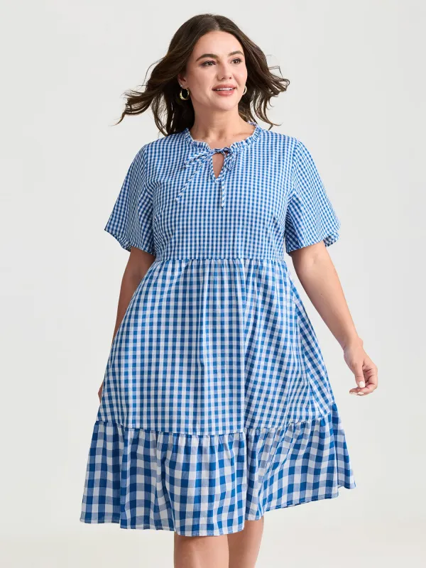 Checkered Stripe Flared Sleeve Pockets Mini Dress made by Bloomchic