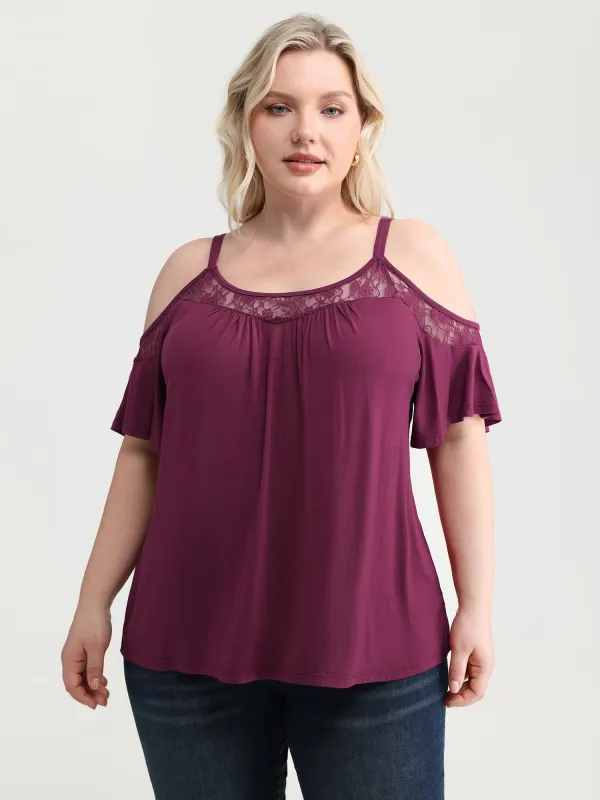 Cut-Out Shoulder Lace Trim Knit Top made by Bloomchic