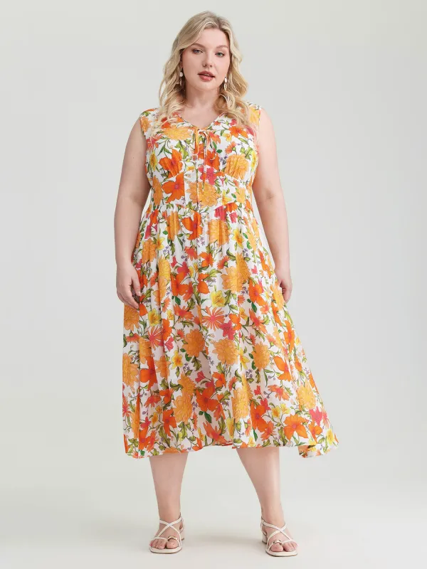 Retro Floral Print Shirred Waist Midi Dress made by Bloomchic