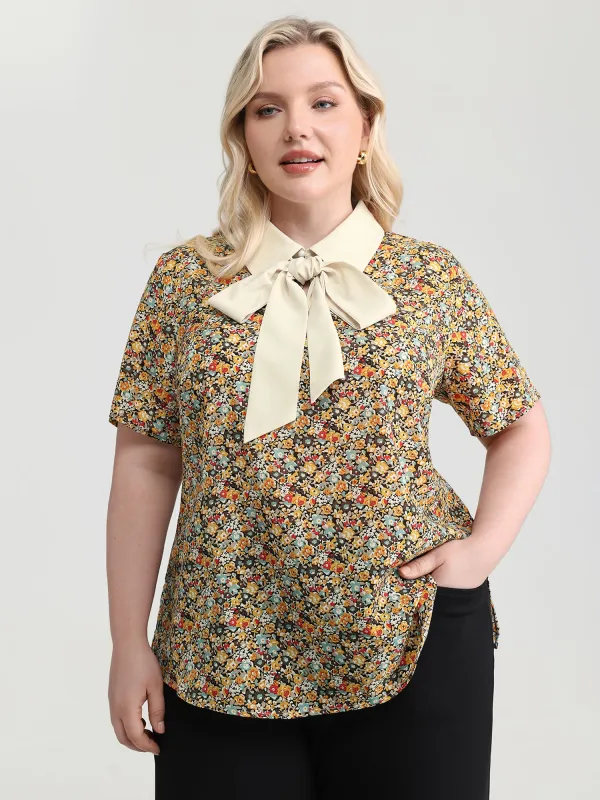Nostalgic Floral Print Ribbon Tie Neckline Blouse made by Bloomchic