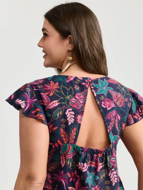 Bright Floral Texture Open-Back Blouse made by Bloomchic