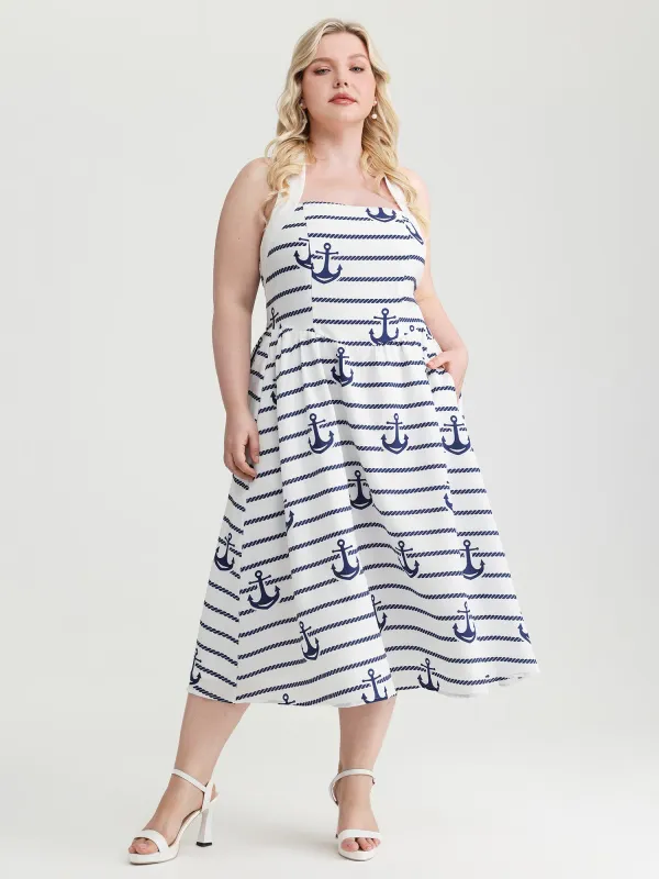 Nautical Stripe Halter Tie Neckline Midi Dress made by Bloomchic