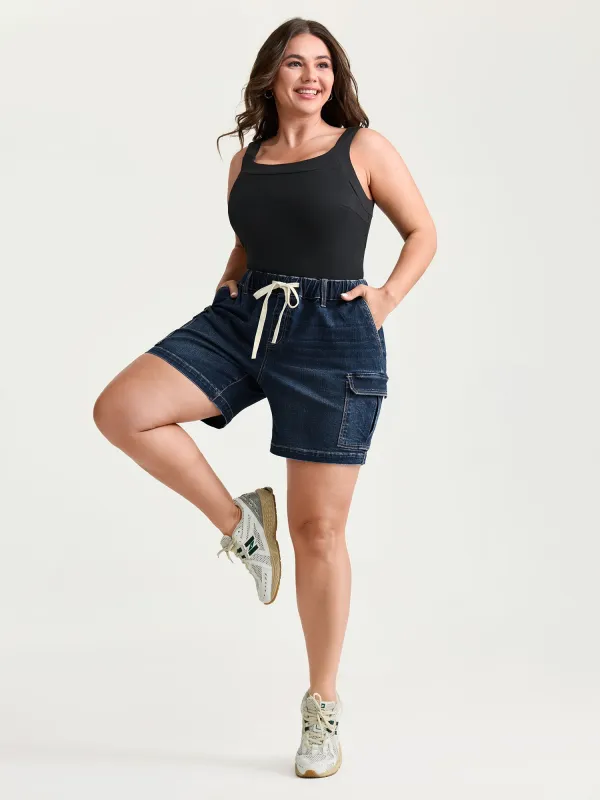 Pull-On Elastic Waistband Pockets Denim Shorts made by Bloomchic