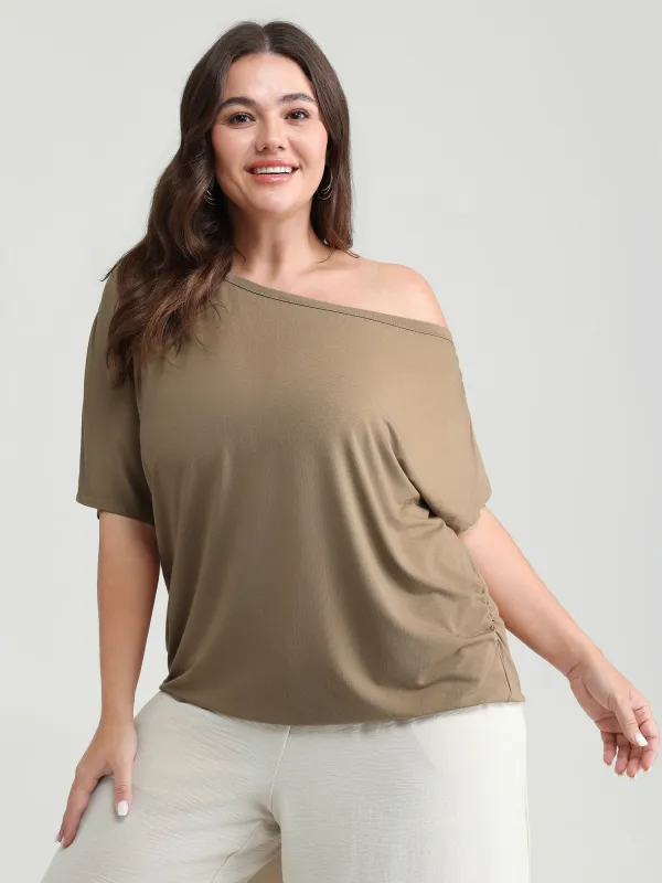 Supersoft One-Shoulder Draped Plain Knit Top made by Bloomchic