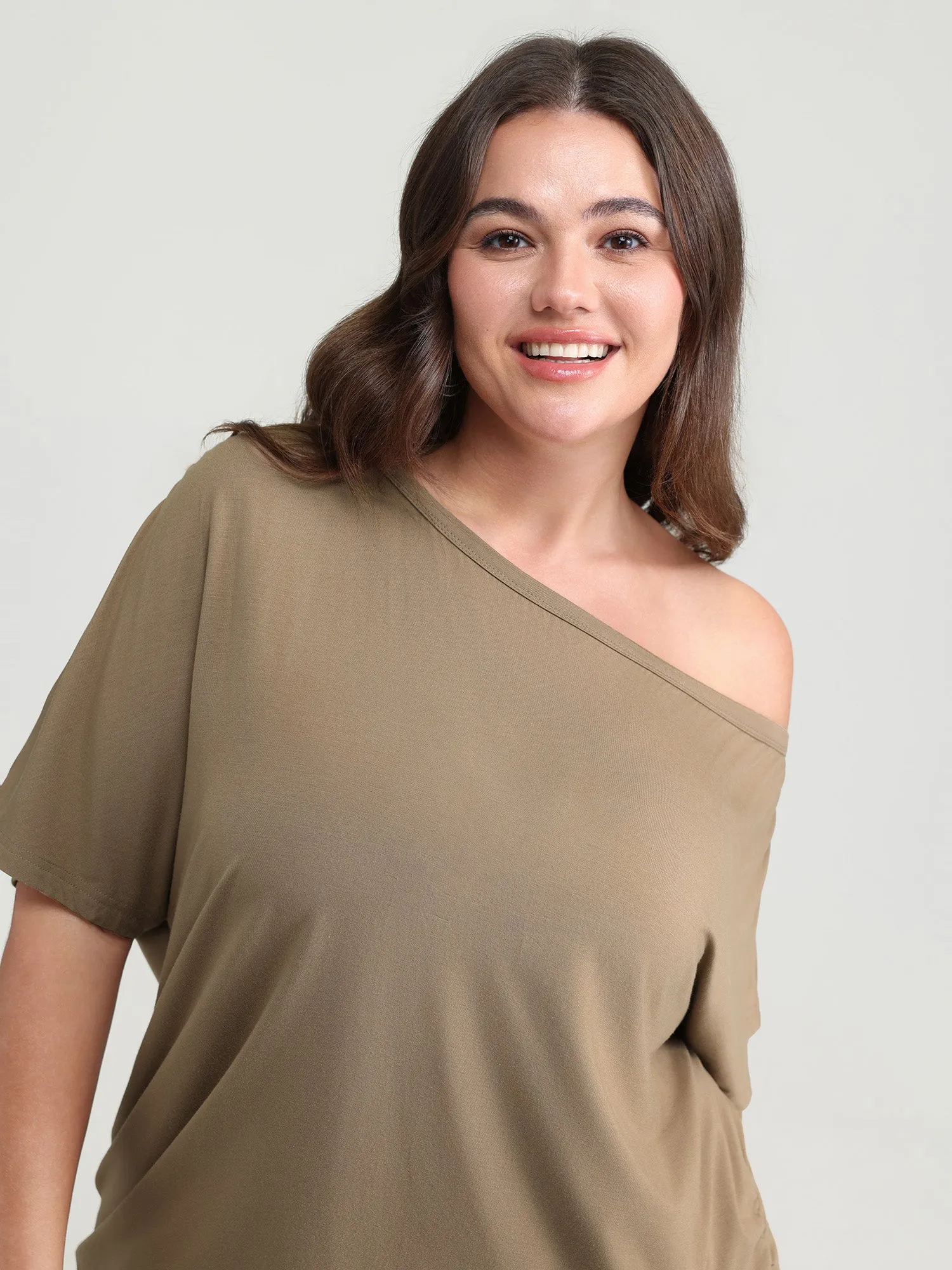 Supersoft One-Shoulder Draped Plain Knit Top sold by Bloomchic product image thumbnail 2