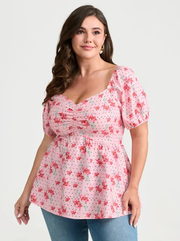 Romantic Floral Print Ruched Blouse made by Bloomchic