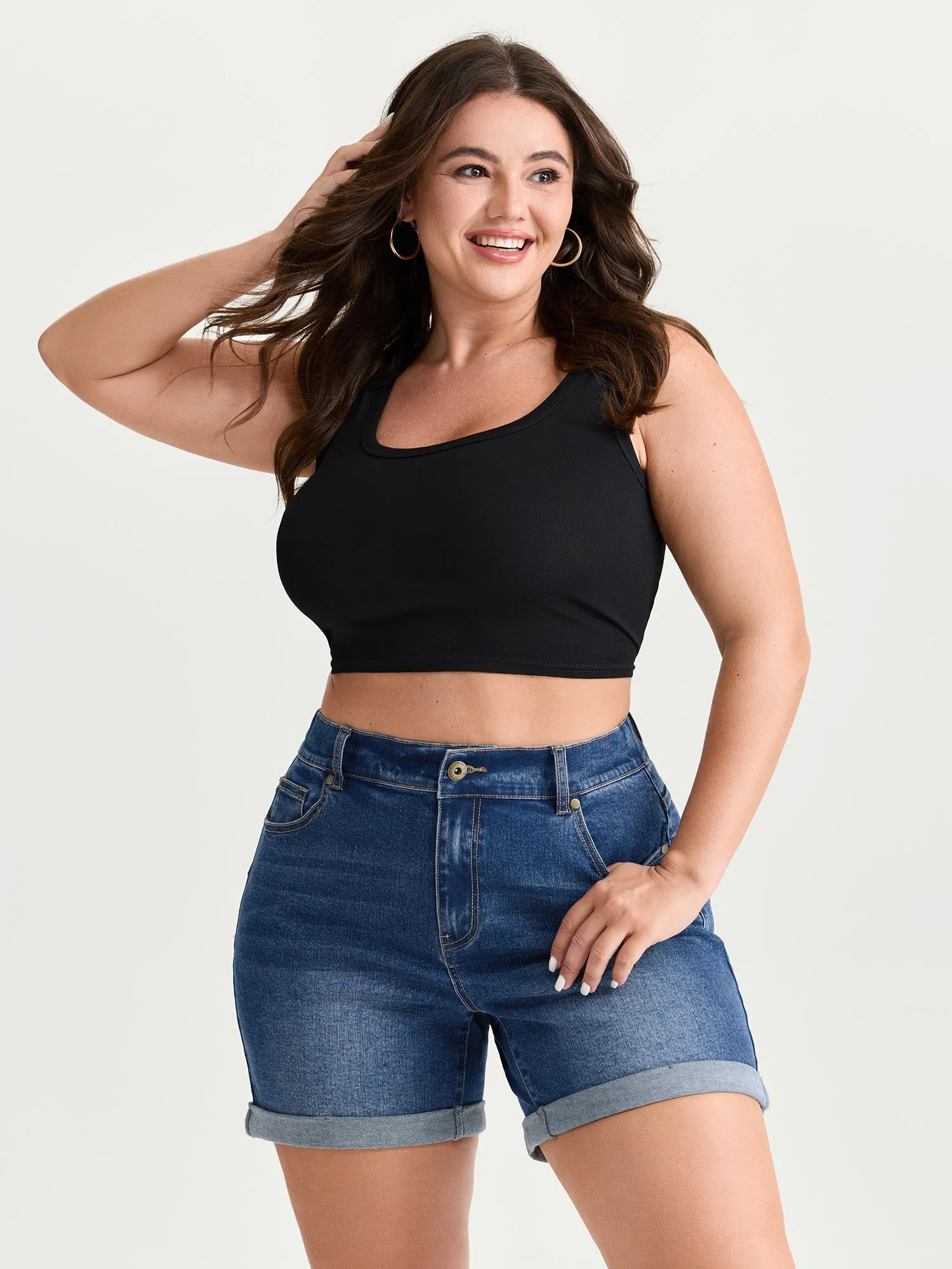 Curve-Friendly Stretchy Straight-Leg Denim Shorts sold by Bloomchic product image thumbnail 3