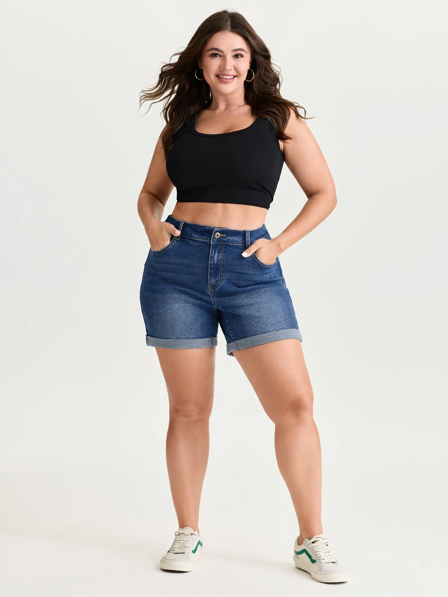 Curve-Friendly Stretchy Straight-Leg Denim Shorts sold by Bloomchic