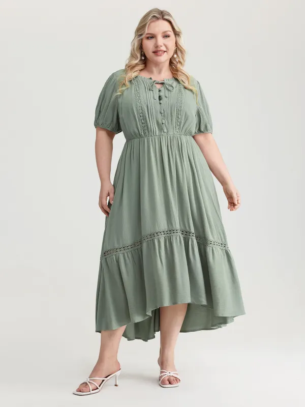 Lace Trim Drawstring Neckline Plain Midi Dress made by Bloomchic