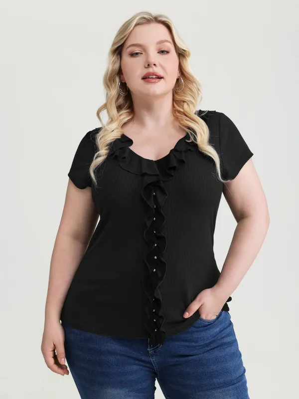 Stretchy Lotus Leaf Strip Knit Top made by Bloomchic