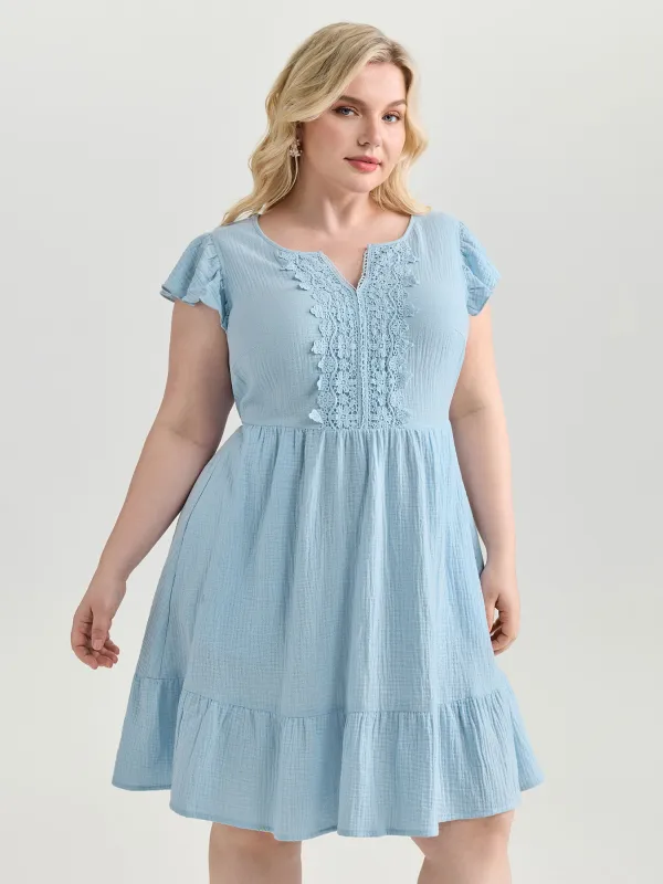 Textured Flutter Sleeve Notched Collar Mini Dress made by Bloomchic
