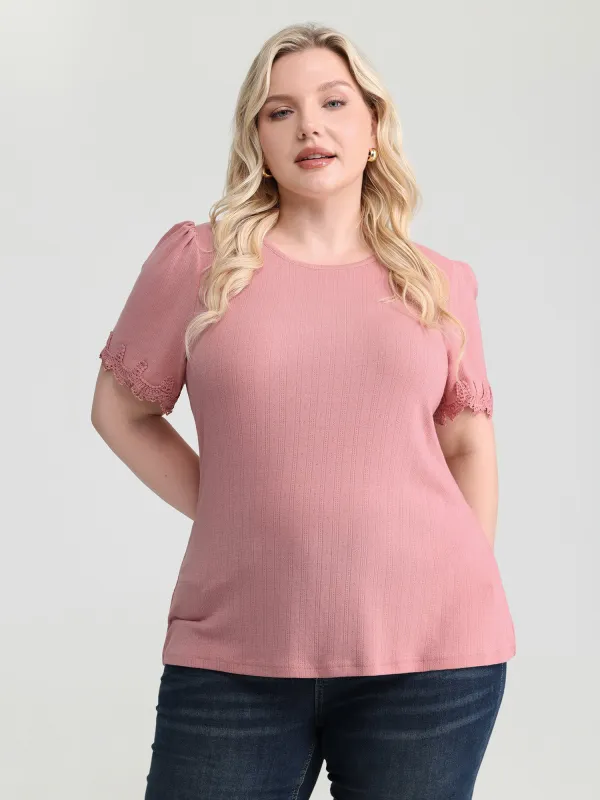 Lace Trim Textured Knit Plain Top made by Bloomchic