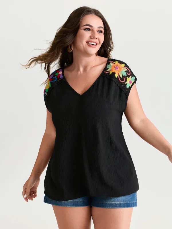 Colorful Openwork Crochet V-Neck Blouse made by Bloomchic
