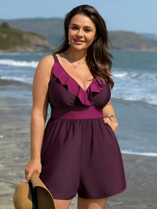 Color Contrast Ruffled One-Piece Swimsuit made by Bloomchic